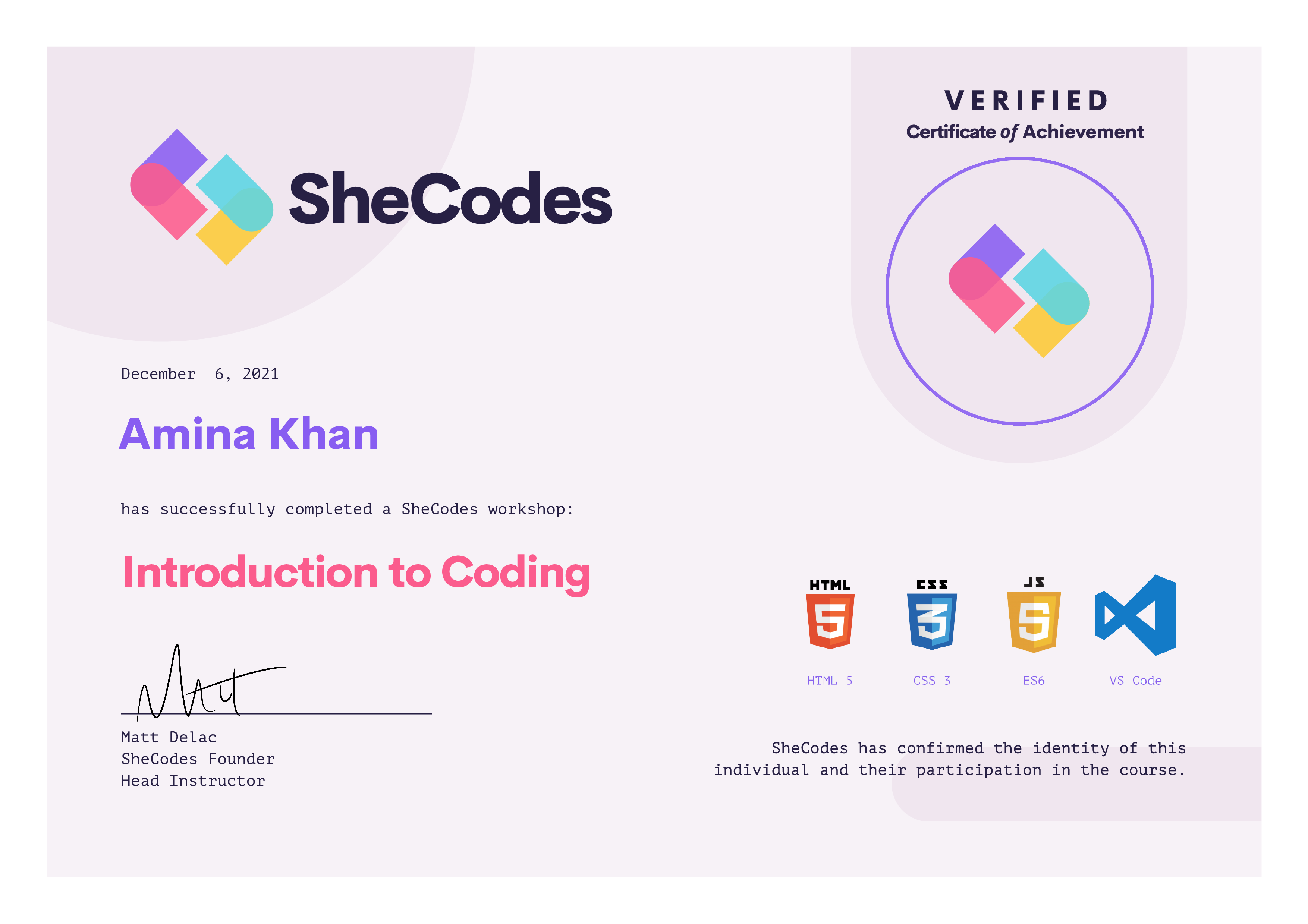 shecodes basics cert image